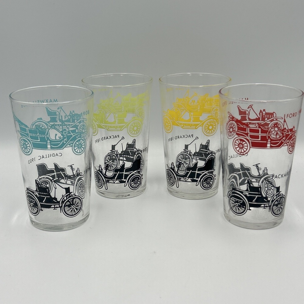 Federal Glass MCM Antique Automobile Glasses Ford Maxwell Cadillac Packard Set 4